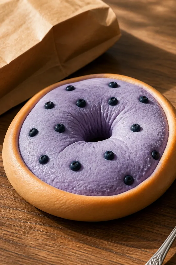 Round bagel paper squishy in tan with blue berry dots and clean ring shape
