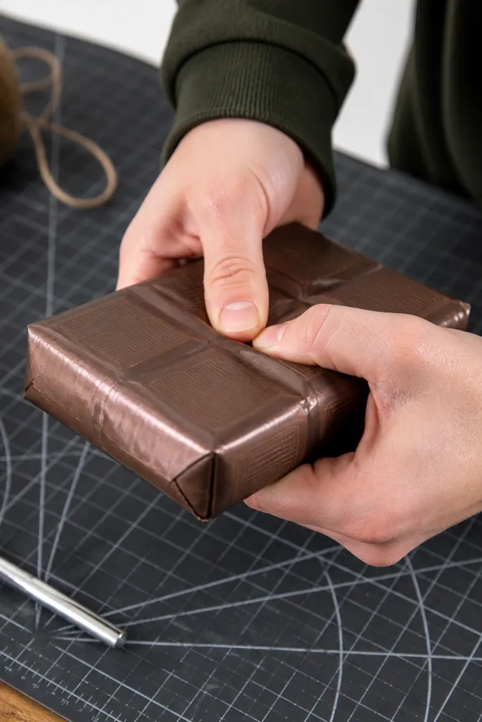 Brown chocolate bar paper squishy with shiny wrapper stripes and clean edges