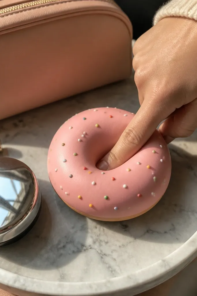 Pink donut paper squishy with a raised dome top and tiny colorful sprinkle dots