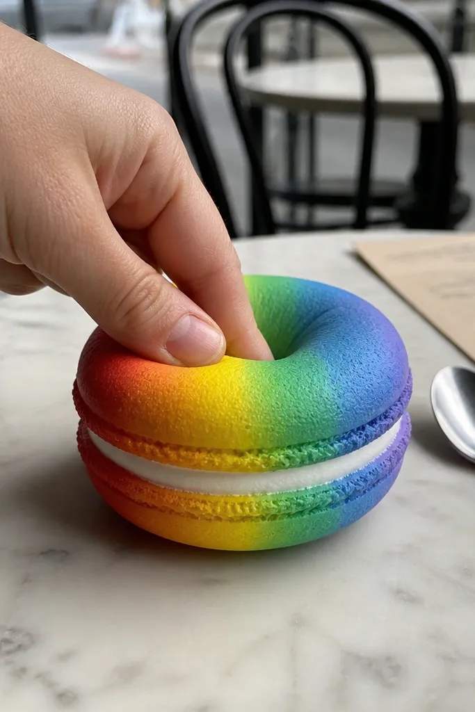 Two-tone rainbow macaron paper squishy with smooth pastel filling center