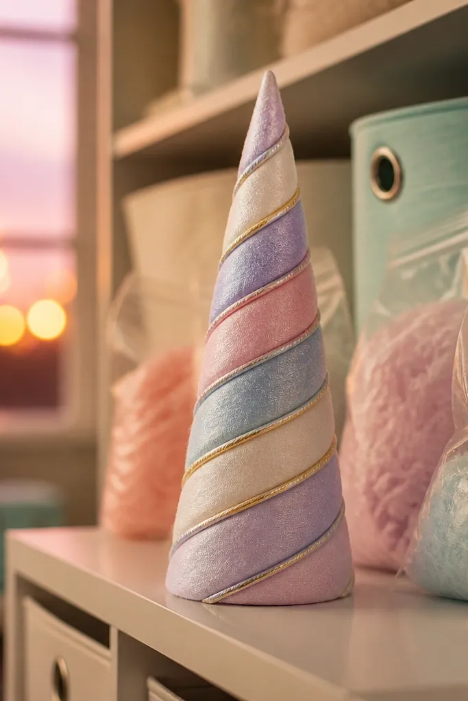 White unicorn horn paper squishy with a spiral rainbow twist and soft pointed tip