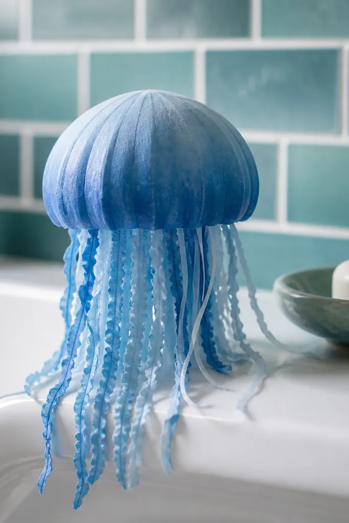 Blue jellyfish paper squishy with wavy tentacle fringe and a rounded bell