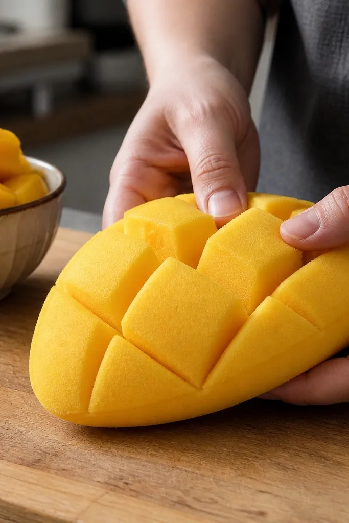 Yellow mango slice paper squishy with orange segments and a smooth squishy edge