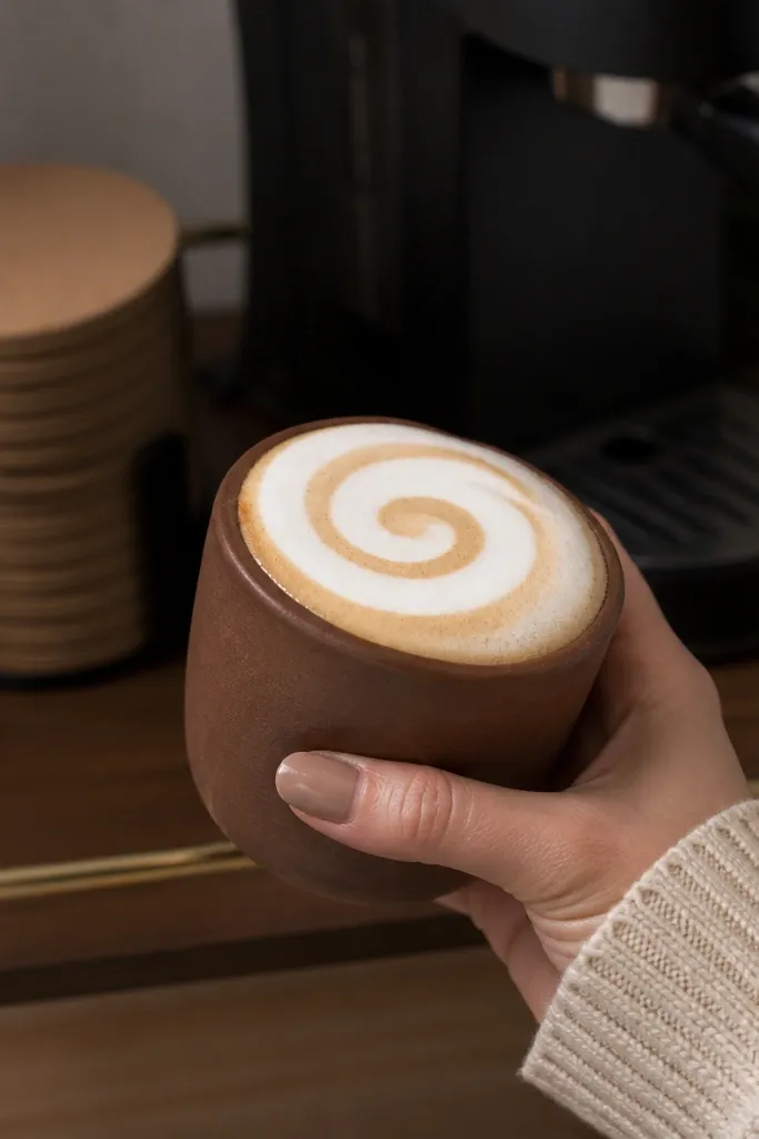 Brown paper coffee cup squishy with white foam top and latte swirl lines
