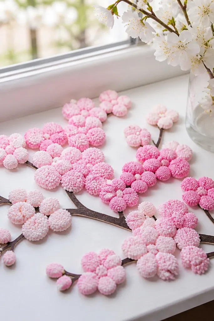 Cherry blossom branch paper squishy with pink petal clusters and soft round bubbles