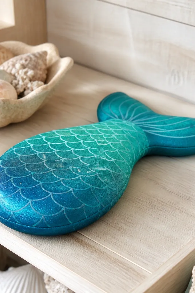 Blue mermaid tail paper squishy with scale pattern and a smooth squishy belly
