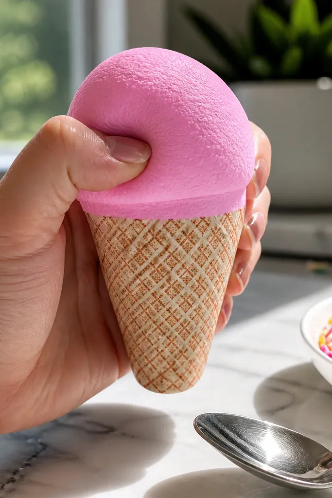 Waffle cone paper squishy with crisscross texture and a rounded scoop top