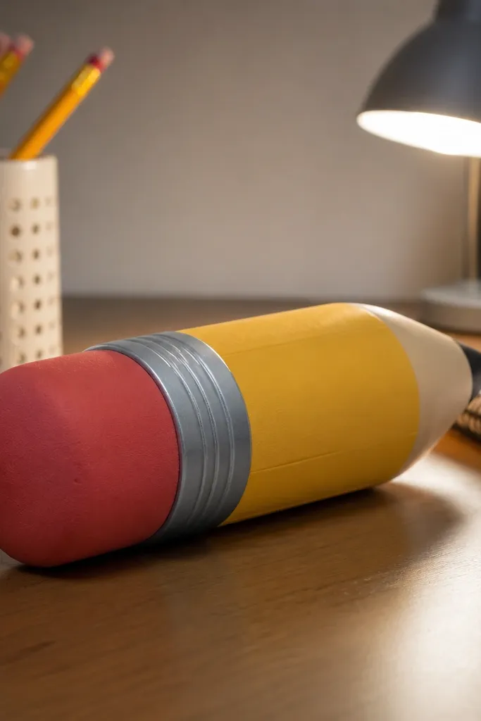 Chubby yellow pencil paper squishy with a red eraser end and smooth edges