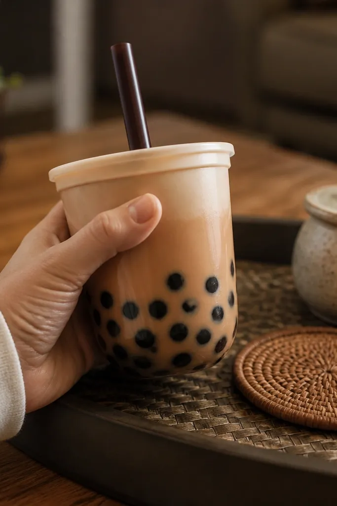 Clear cup boba tea paper squishy with brown bubble beads and a soft tea base