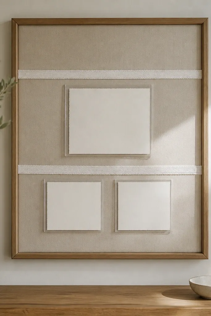 A stretched linen panel inside a simple wooden frame. Three horizontal Velcro strips hold scripture cards in clear sleeves, with one card centered and two smaller cards aligned underneath.