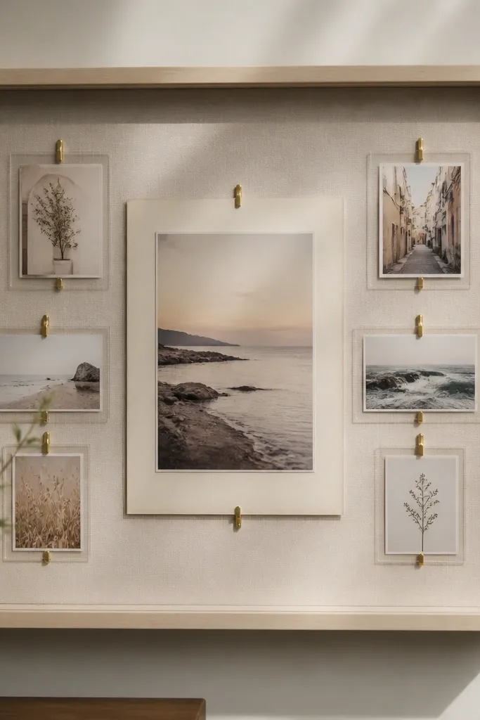 A shallow wall shadow box with layered clear sleeves and small photo cards. One larger central card sits on a cream backing, while smaller cards are spaced around it with thin gold clips.