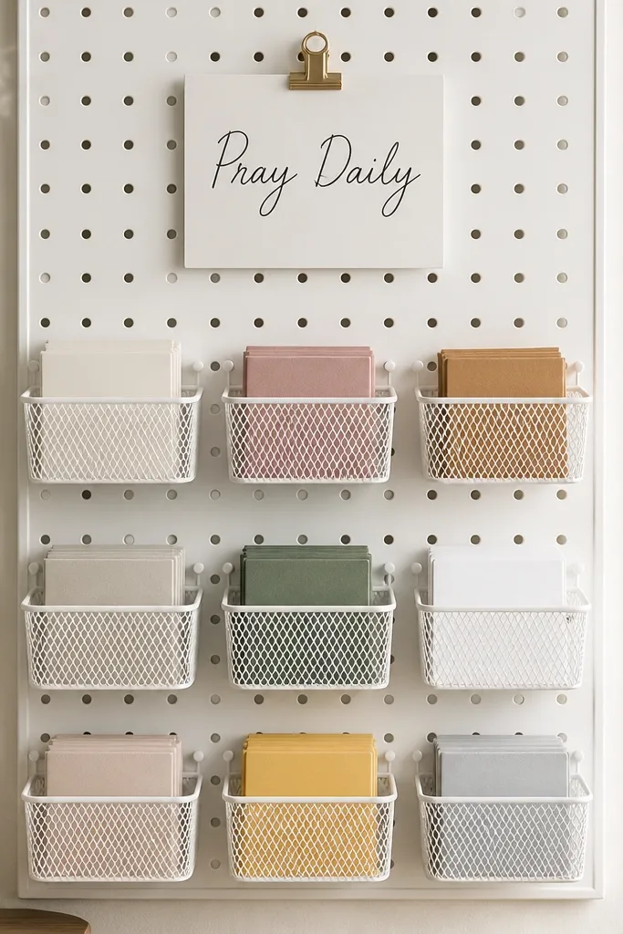 A white pegboard wall panel with small mesh baskets hanging on pegs. Each basket holds folded name cards, and a handwritten 'Pray Daily' sign sits at the top.