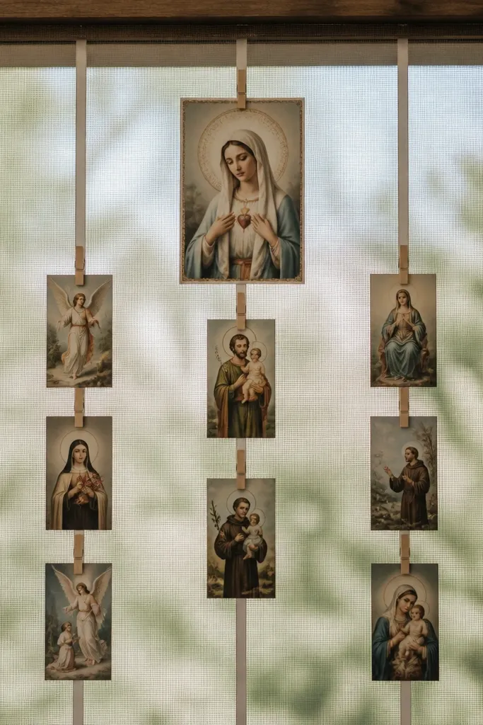 A framed metal window screen stretched tight, with clothespins clipped to thin ribbon lines. Small prayer cards hang in a neat vertical row, with a thicker card centered at the top.