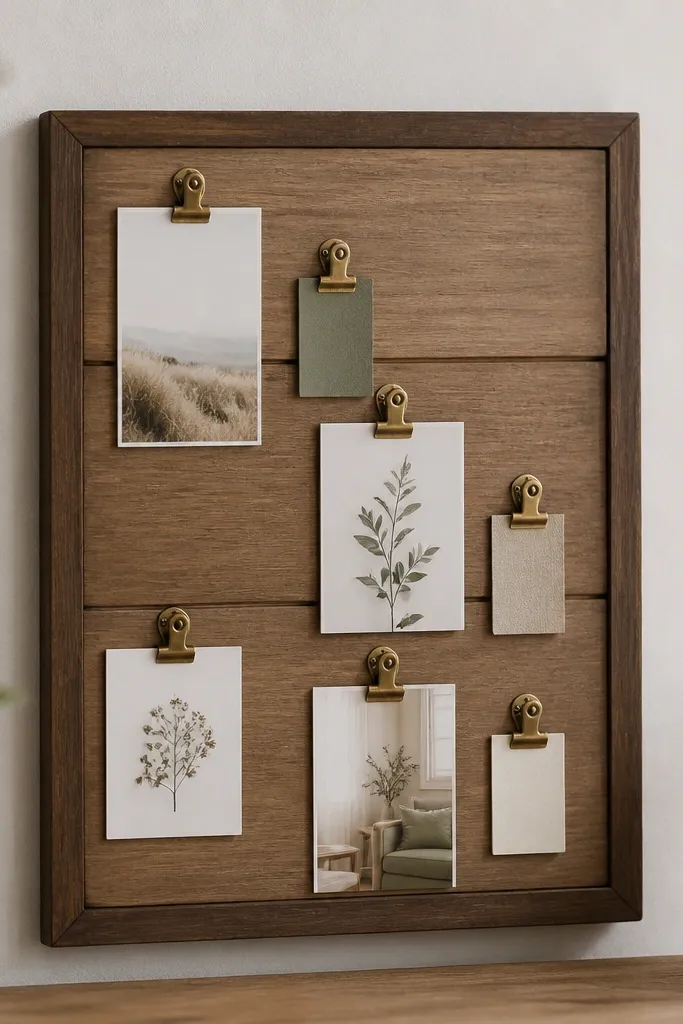 A sealed wood slat board with three horizontal slats. Mini hinged clips hold cards and small laminated tags, arranged in a stepped pattern with a darker stain wood frame.