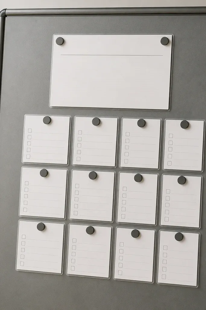 A matte gray metal sheet mounted on a frame. Small magnets hold laminated checklist cards with checkboxes, and a larger 'This Week' card sits at the top.