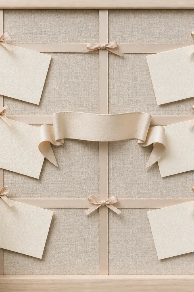 A soft neutral fabric backing with a grid of ribbon strips tied into rectangles. Cards are tied at corners with small bows, and a central ribbon banner reads 'Family Prayer'.