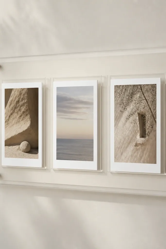 A clear acrylic frame mounted on the wall with three pocket inserts. Each pocket holds a card in a white border, and the backing is a soft off-white foam board.