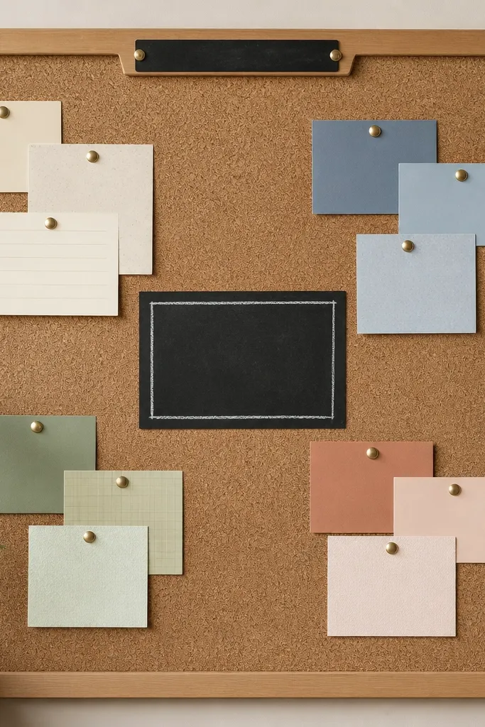 A cork board with a small chalk label strip at the top. Several pinned cards are grouped by color, and a chalk-written weekly theme sits inside a rectangular chalkboard label frame.