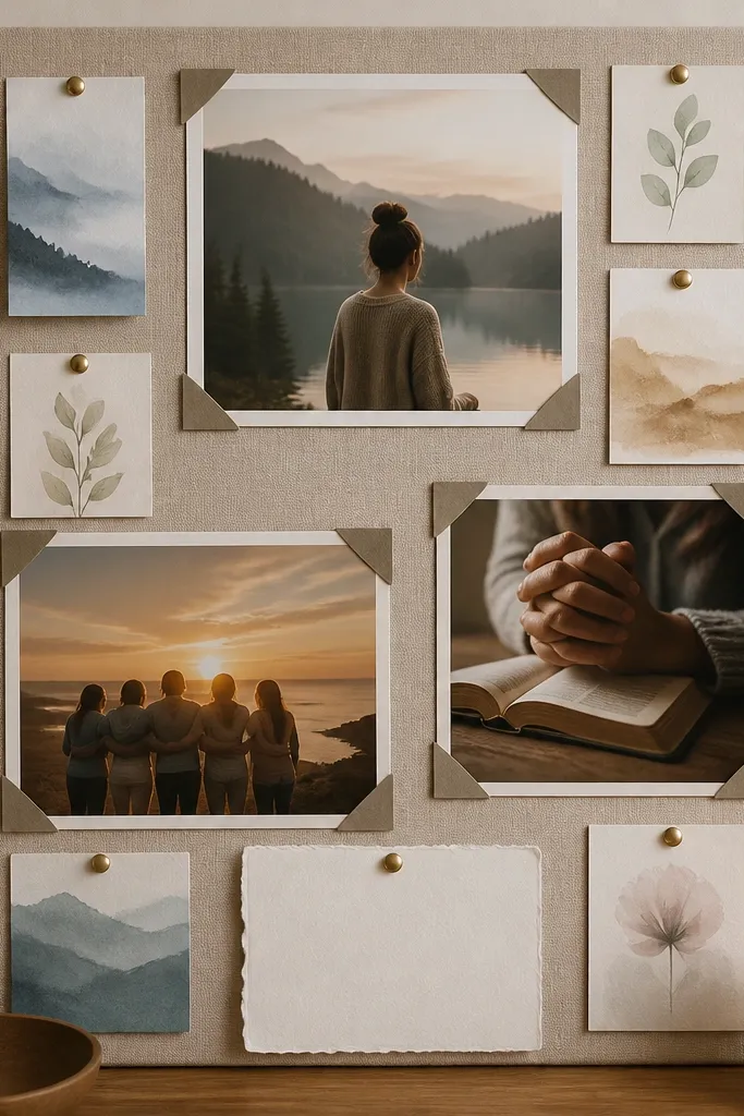 A prayer board made from a foam board base with three large matte photo corners holding pictures. Around the photos are smaller prayer cards pinned with matching pins, plus a small 'Pray for...' card at the bottom.