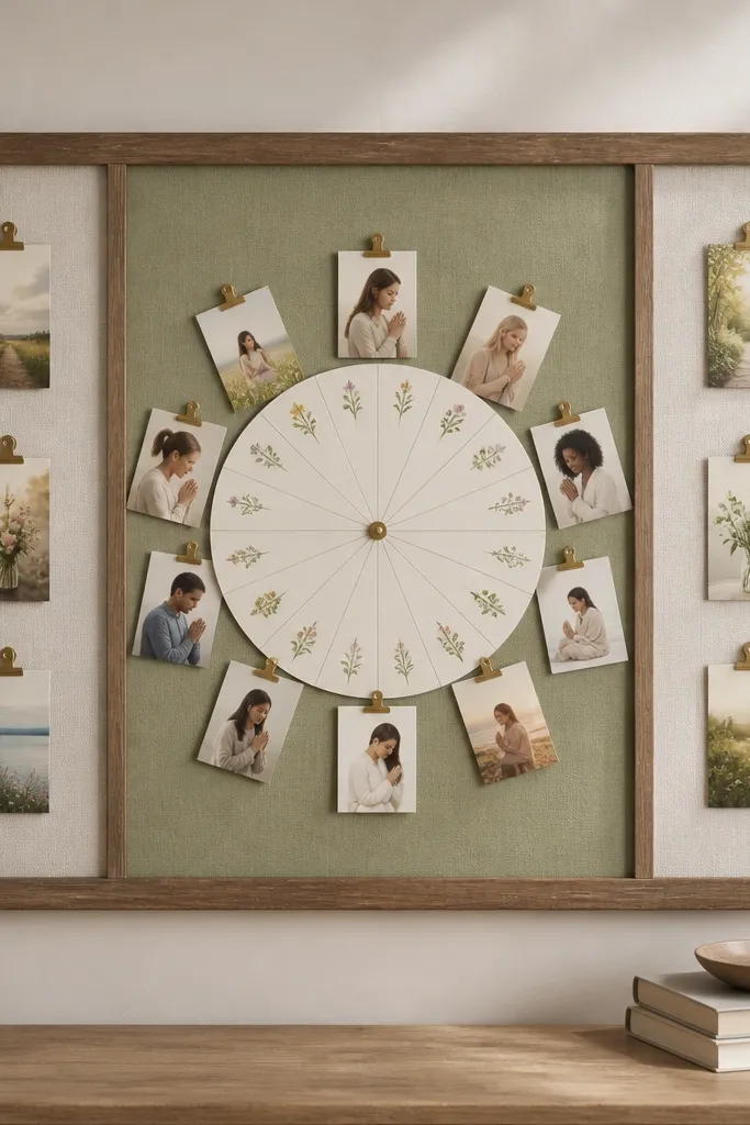 A board divided into three sections with labels. In the center section, a paper wheel shows months or categories, and small prayer cards attach around the wheel with clips.