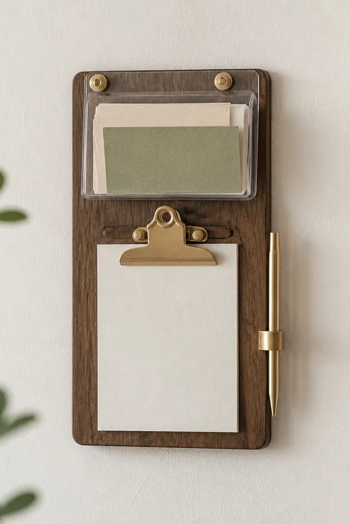 A small clipboard mounted on a wall with a card holder at the top. Several mini cards sit under clear plastic, and a small pen clip is attached on the side.