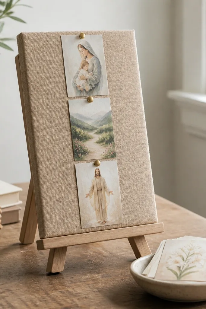 A small standing photo easel holding a cork or linen board on a desk. Cards are pinned in a vertical column, and a small dish holds prayer cards nearby.