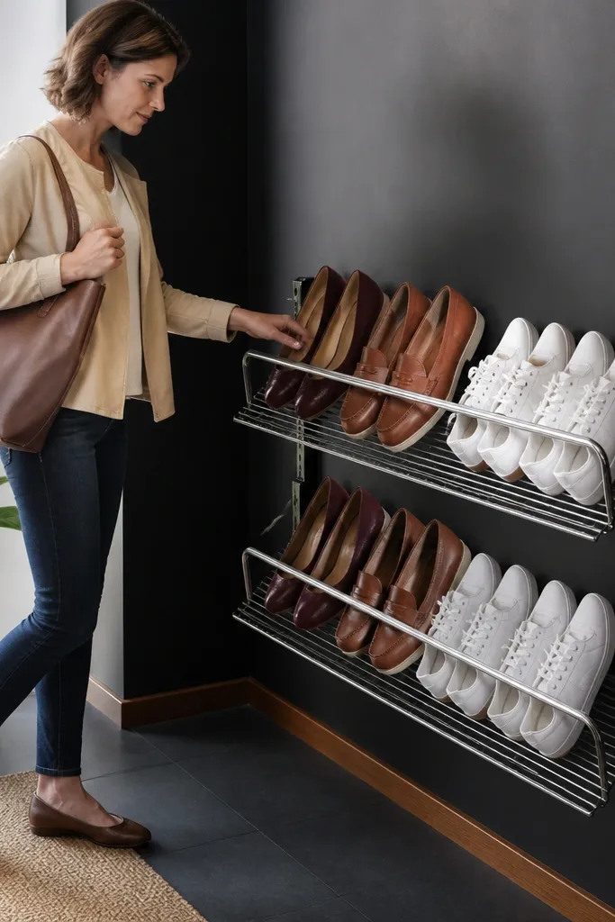Black wire shoe rack with a straight rail stopping shoe placement