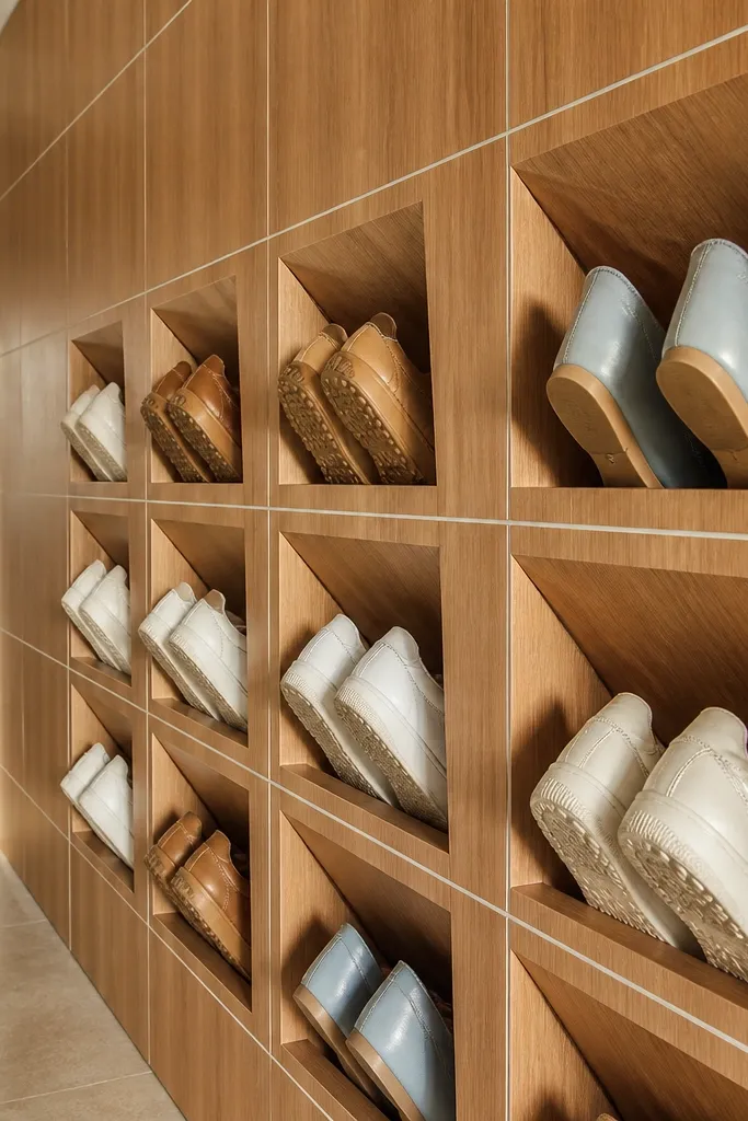 Wood cubbies with angled openings showing shoes placed consistently