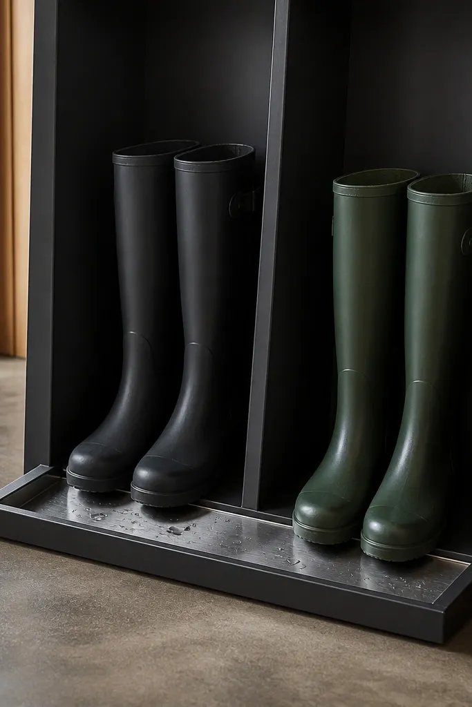 Vertical boot storage tower with dividers and a low tray for wet boots