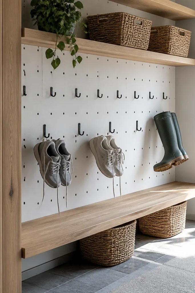 White pegboard with floating shelves and hooks for shoes
