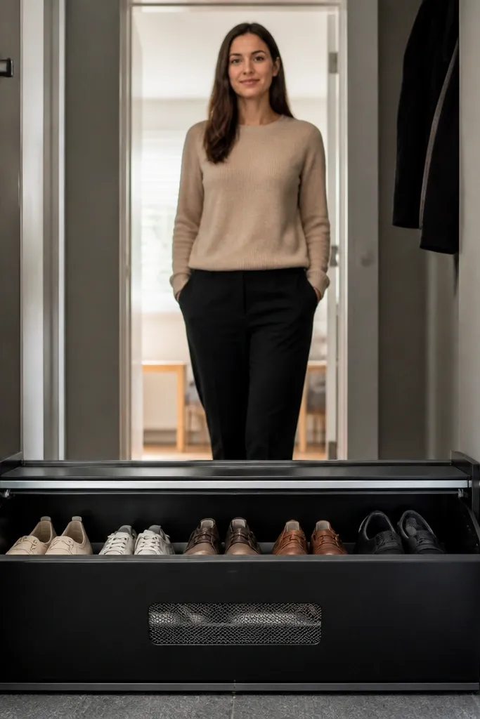 Sliding door cabinet hiding ventilated shoe shelves
