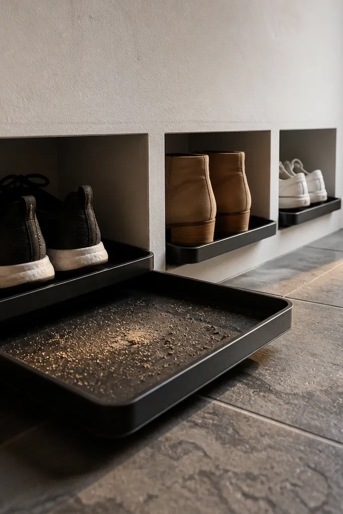 Staggered floor shoe cubbies with removable trays