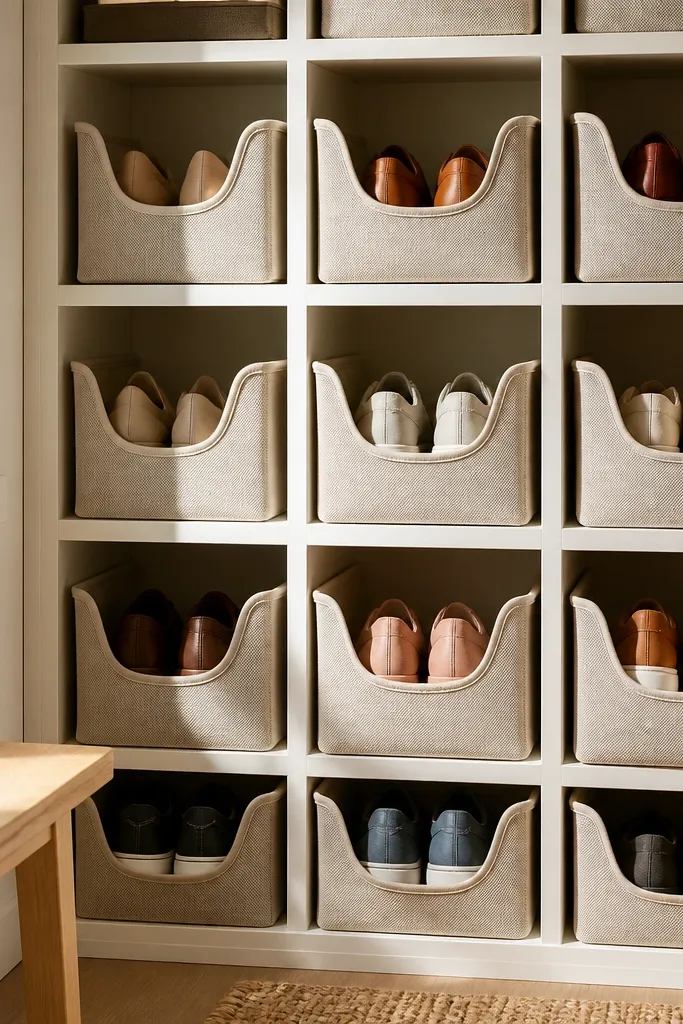 Framed shoe storage grid with fabric bins and clean labels