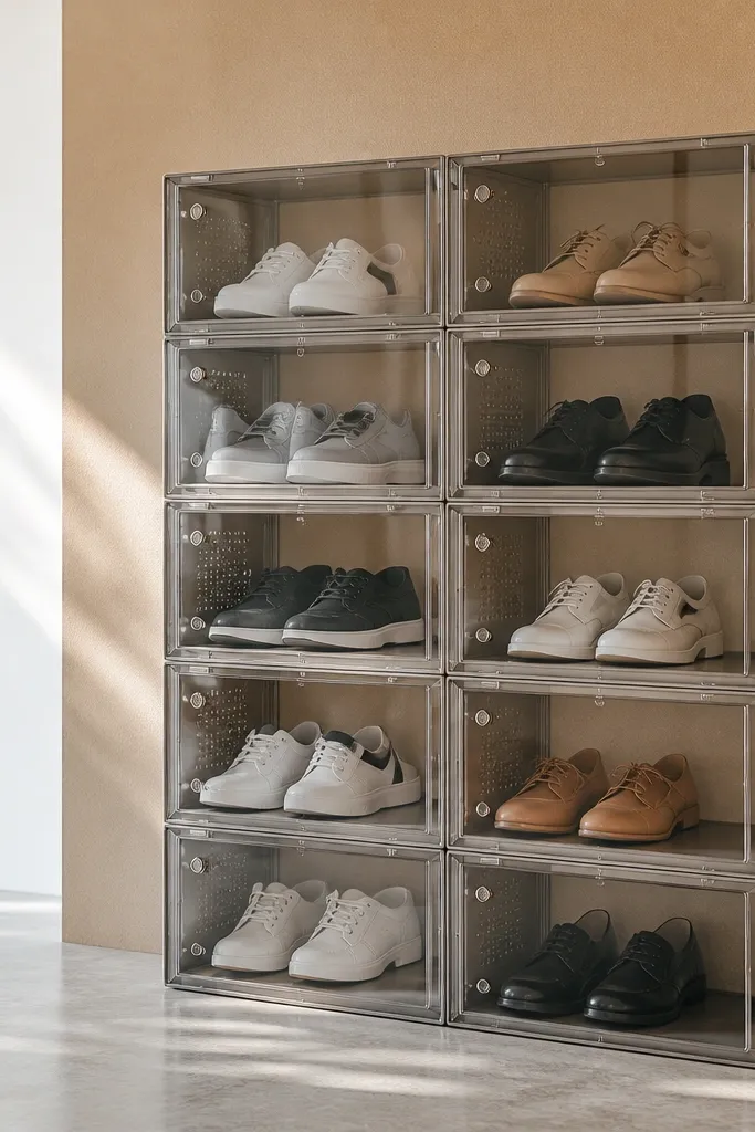 Shoe rack with clear front panels showing shoes in neat rows