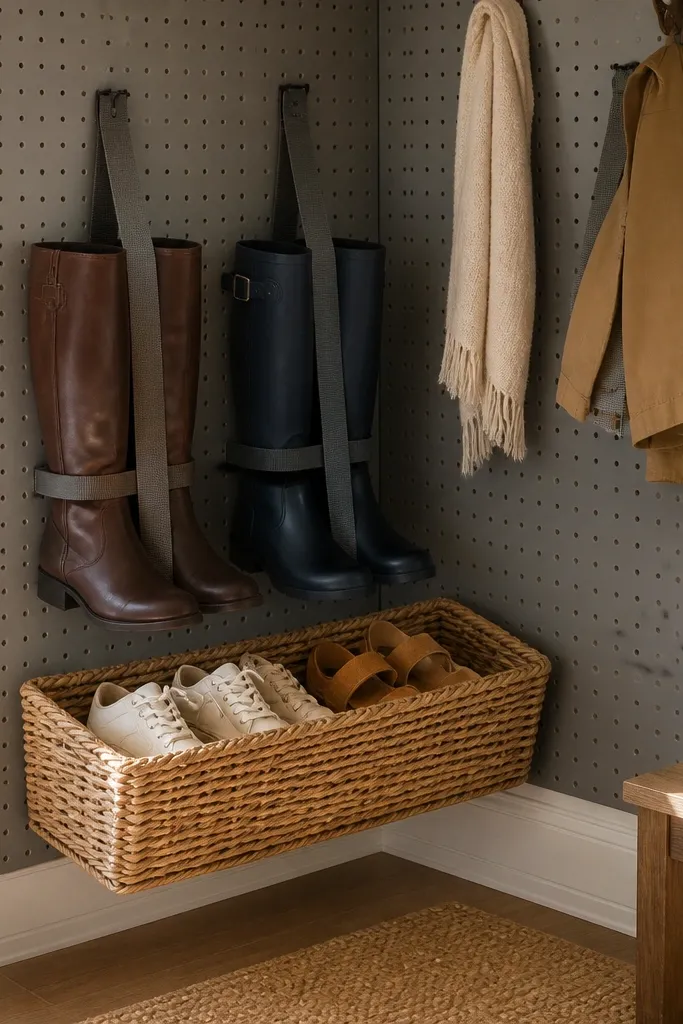 Corner storage with baskets and a vertical strap holding boot shafts