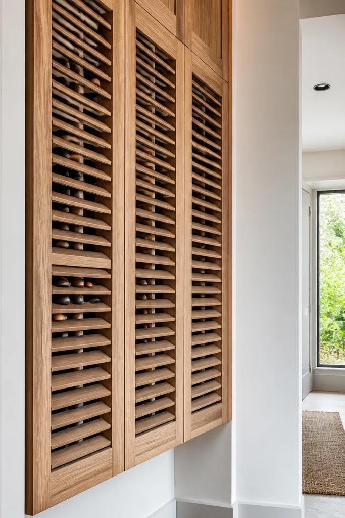 Slim wall cabinets with louvered panels for shoe ventilation