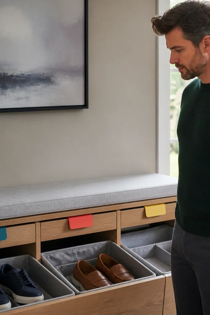Drawers with pair pockets and color-coded labels for each shoe type