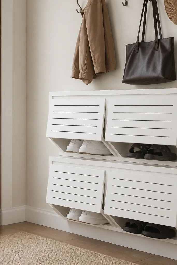 Wall-mounted flip baskets with an angled base holding shoes tidy