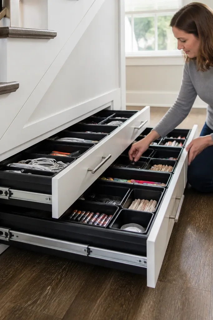 Under-stairs bank of shallow drawers with labeled pull-out trays