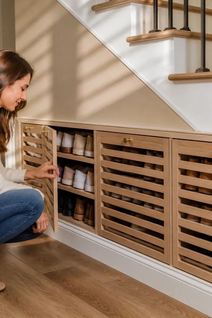 Under-stairs shoe storage with slatted front doors and stacked cubbies