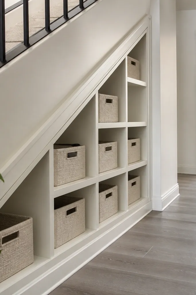 Under-stairs angled shelves with a continuous trim rail and tidy bins