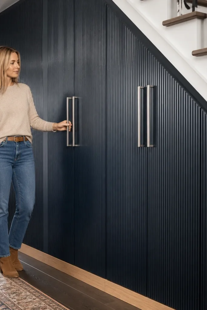 Under-stairs cabinets with vertical grooved door panels and dark handles