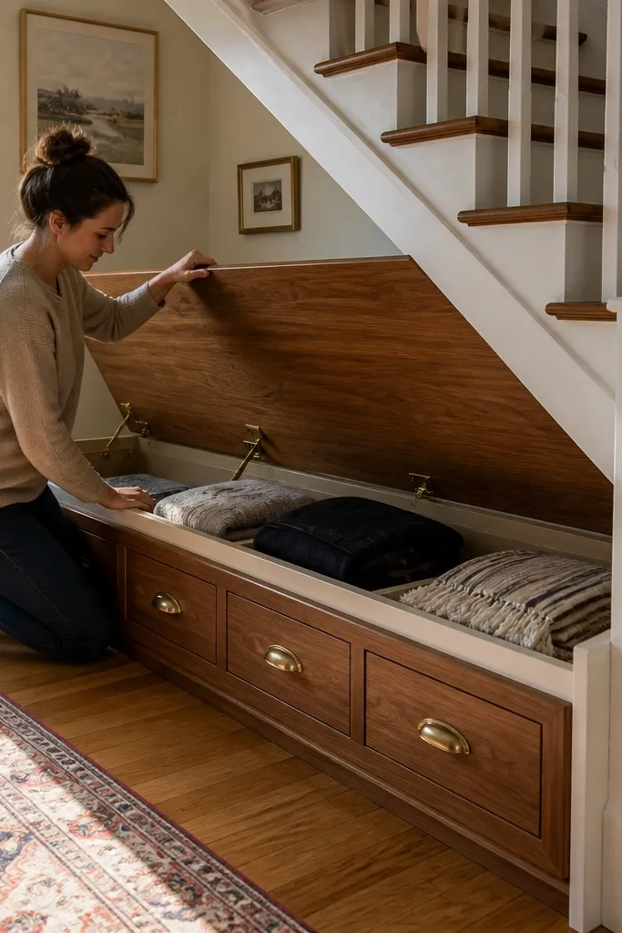 Under-stairs bench with hinged seat lid and hidden storage drawers below