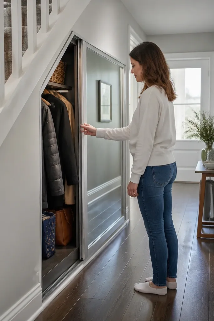 Under-stairs cabinet with sliding door and a mirror panel on the front