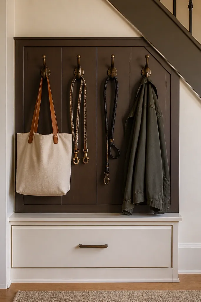 Under-stairs bottom drawer with a vertical hooks panel above