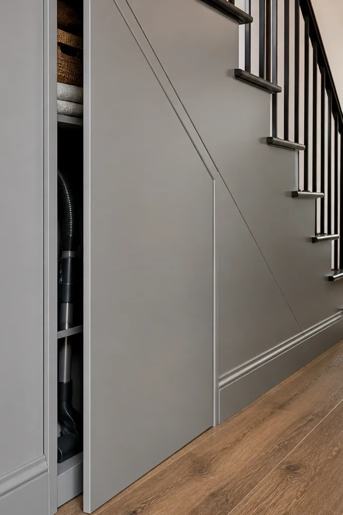 Under-stairs storage door flush with stair skirt trim