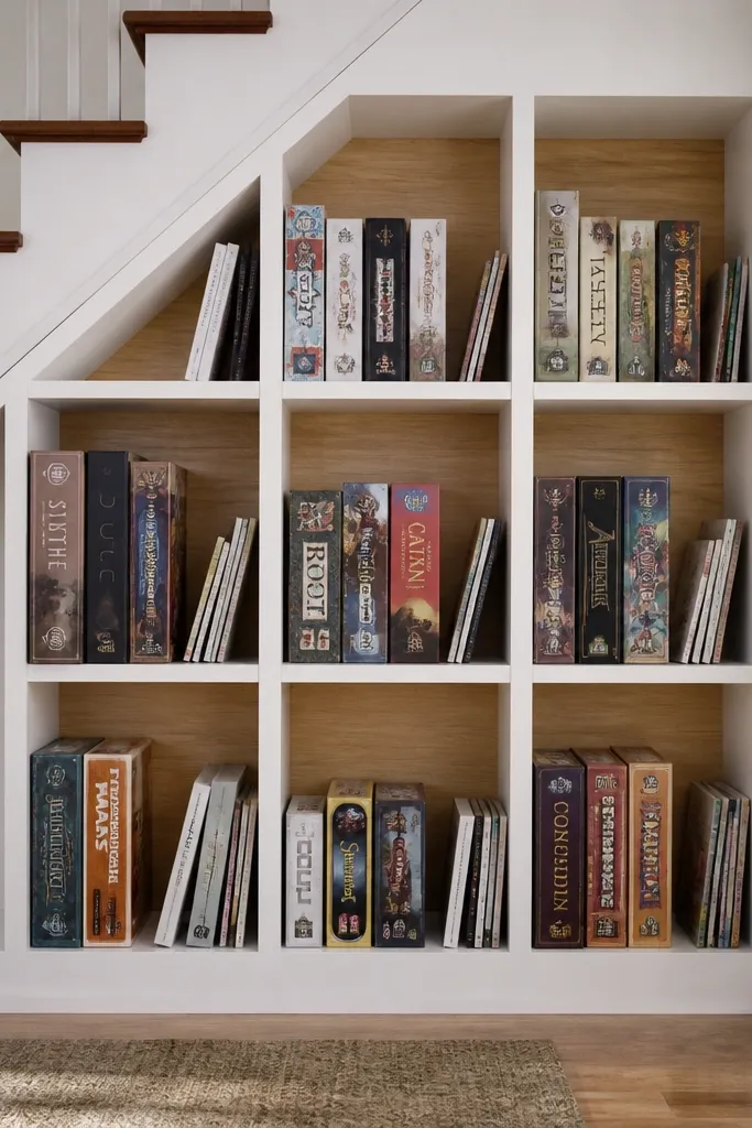 Under-stairs open storage with slanted backboard and game boxes lined up