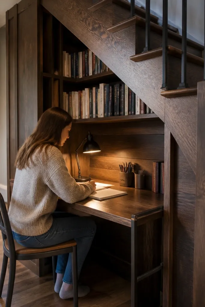 Under-stairs book cubbies with a hinged desk panel and warm wood ladder frame.
