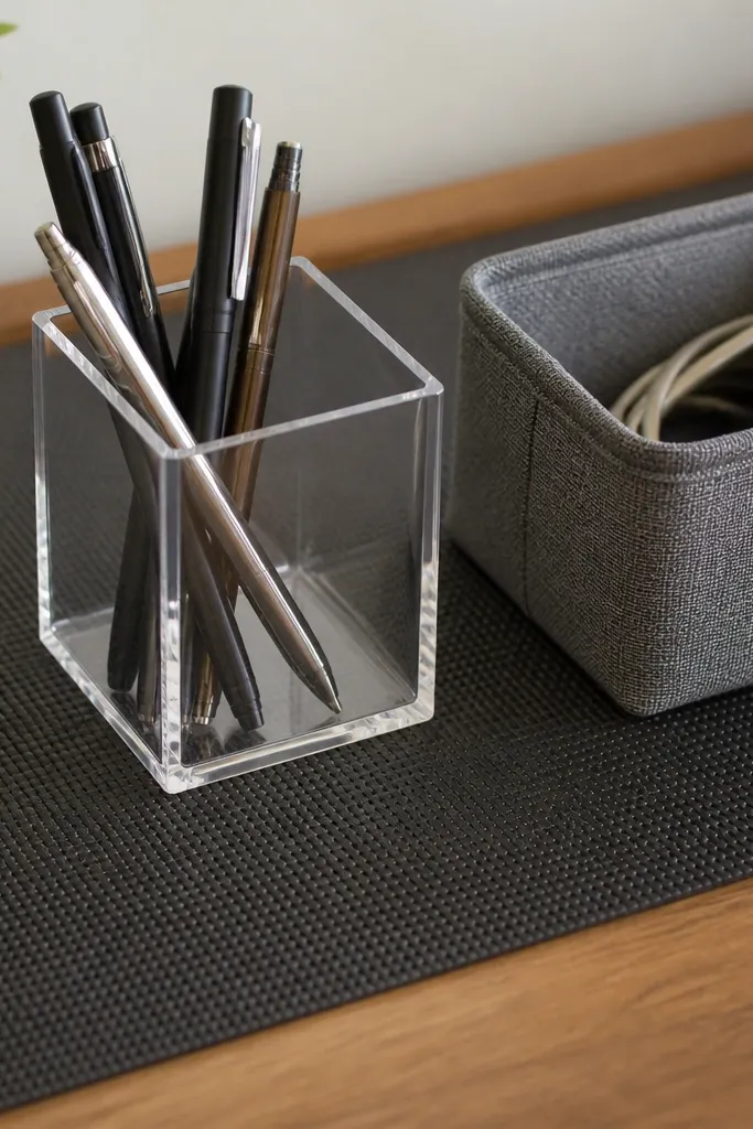 Close-up of a desk surface with a sheet of textured black non-slip liner cut to size under a clear acrylic pen cup and a small fabric bin.