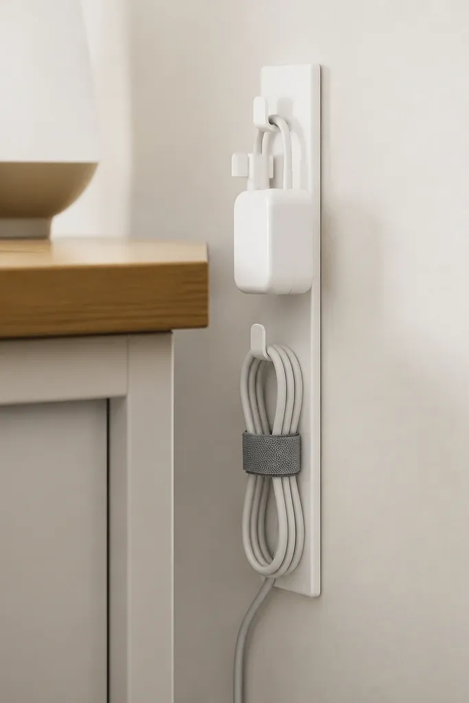 A small white wall strip next to a desk with two hooks holding a power adapter, and a cord loop secured with a wide Velcro strap; the cords run neatly down behind the desk.